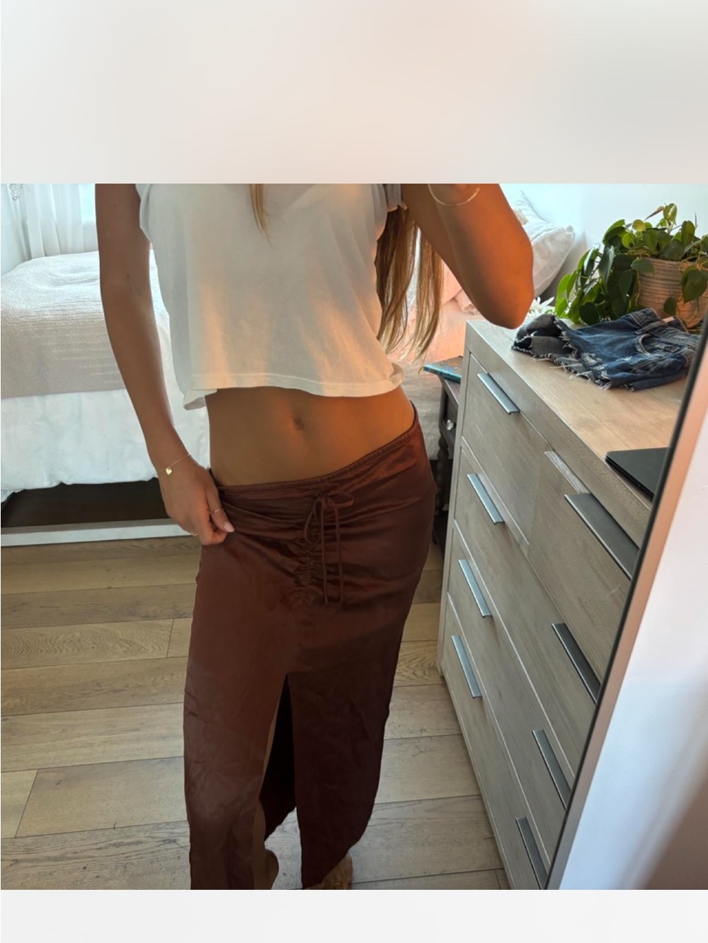 Women’s Vintage Brown Silk Drawstring Maxi Skirt